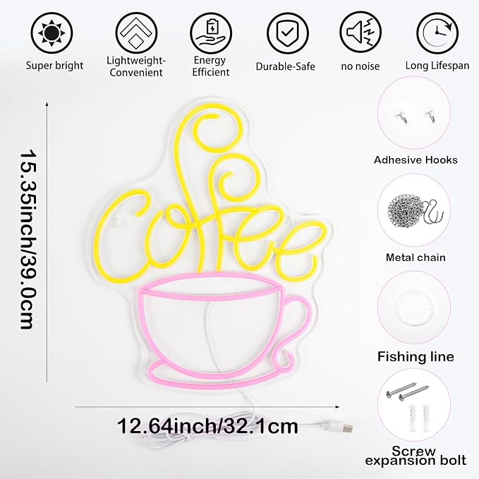 Coffee Bar Neon Sign, Dimmable LED Coffee Wall Light for Coffee Station | USB Powered Coffee Neon Light for Coffee Station, Kitchen, Cafe Shop, Coffee Corner, Home Bar Decor, Gift for Coffee Lovers