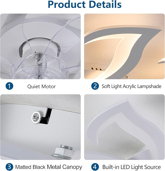 Modern Ceiling Fan with Lights Remote Control, 32" White Flush Mount Ceiling Fan with Light, 6 Speeds 3 Light Color Low Profile Ceiling Fan for Kitchen Bedroom