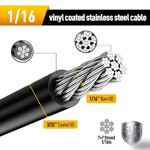 Vinyl Coated Wire Rope 304 Stainless Steel Coated Wire Cable-Black, 1/16" OD to 3/32" x 500FT, with 200 Pcs Crimping Sleeves-Cable for String Lights, Suitable for Clotheslines
