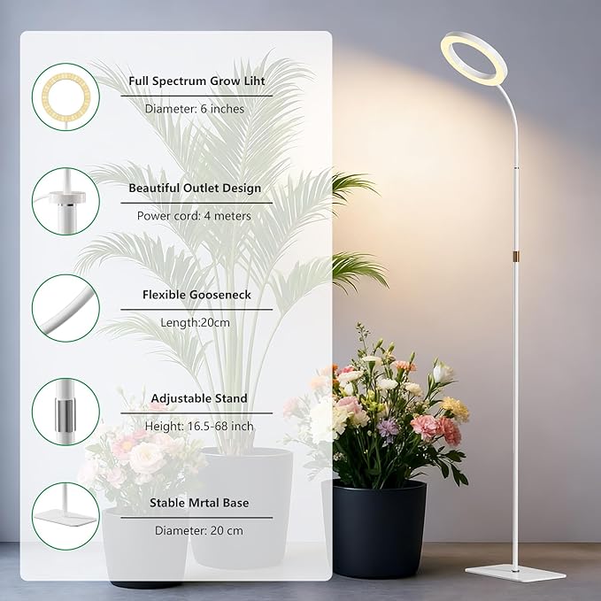 Full Spectrum Grow Light with Stand for Indoor Plants, Floor Plant Light, 6/12/18H Timer, 3 Color Modes, Adjustable Height 16.5–68in, for Large Plants & Home Décor(1 Head,White)