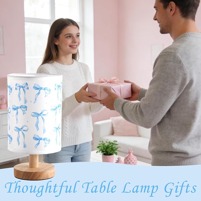 Lonfliness Blue Bow Kids Table Lamp Kids Bedside Lamp Bedroom LED Night Light with Linen Wooden Nightstand Cartoon Nursery Lampshade for Girls Boys Living Room