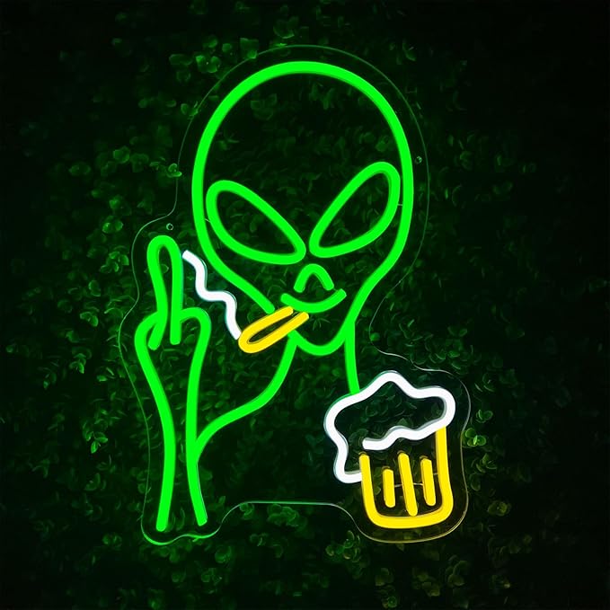 Green Alien Neon Sign, Beer Bar Alien Neon Light for Wall Decor, Dimmable LED Lights Signs for Bedroom Man Cave Game Room Home Bar Party Decoration,USB Powered Alien Light up Sign for Kids Teen Boy Birthday Christmas Presents