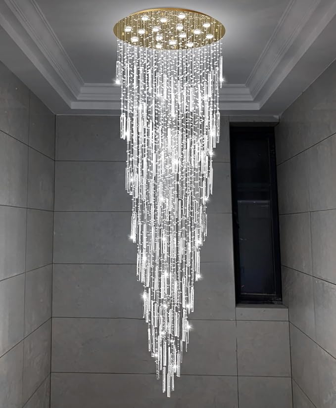 D40'' x H120'' Crystal Chandelier High Ceiling Chandeliers for Entryway Large Raindrop Chandeliers LED Dimmable Flush Mount Light Fixtures for Staircaes Foyer Hallway Living Room Bulbs Included Gold