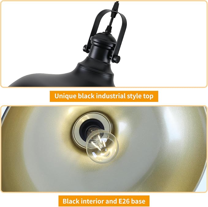 2 Pack 15.7" Matte Black Barn Pendant Lights, Adjustable Cord Industrial Dome Metal Hanging Light Fixtures with Gold Interior, E26 Farmhouse Pendant Lighting for Kitchen Island Dining Room Bar
