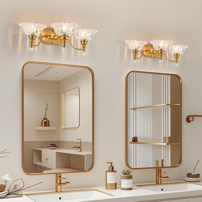 Vintage Bathroom Light Fixtures, 3-Light Brass Vanity Lights with Floral Clear Glass Shades, Retro Wall Sconce for Bedroom, Living Room, Hallway