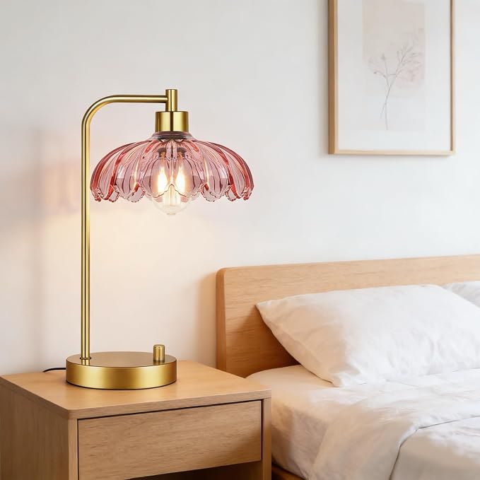 ILLMTW Pink Table Lamp Set of 2,Small Gold Bedside Lamps Dimmable Boho Bedroom Lamp with Tulip Flower Glass Lamp Shade,Vintage Mid Century Modern Mini Nightstand Lamp for Bedroom Living Room