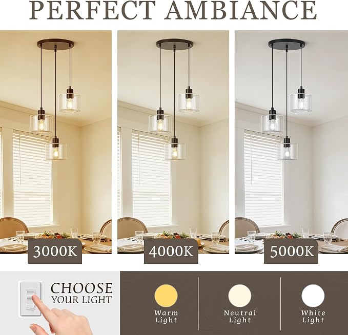 3-Light Pendant Lighting, Black Dining Room Chandelier Light Fixture Over Table with Clear Glass, Modern Cluster Hanging Lights for Kitchen Island Dining Room Sink, OS-YQ8153-3BKC