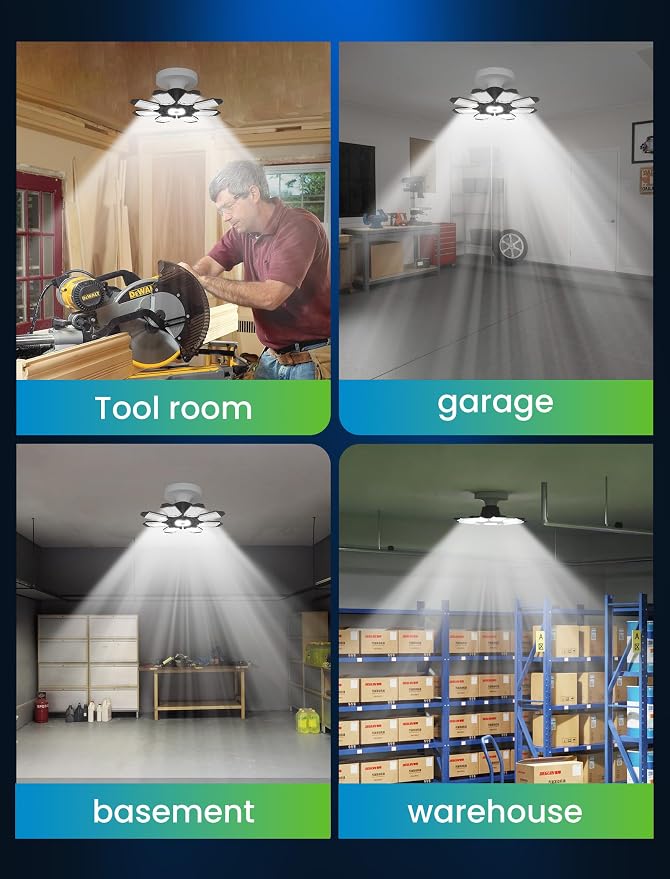 LED Garage Lights - 250W, 6500K, 25000LM Deformable LED Garage Lighting Fixture, Shop Lights for Garage, Basement, Barn, High Bay Light