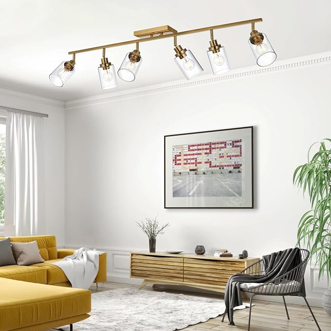 MELUCEE 6 Light Multi-Directional Rotating Track Lighting Kit Brass | Bathroom Vanity Light Fixtures 45.3 Inch Ceiling Spotlight Fixture for Kitchen Foyer Bath, Clear Glass Shade