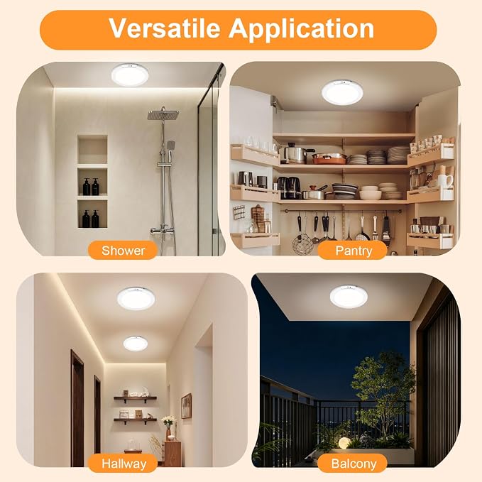 LNRYY 4Pack Rechargeable Motion Sensor Magnetic Ceiling Light with Remote | Wireless, Battery Operated, LED, 3 Color, Dimmable, Indoor, for Shower, Closet, Pantry, Living Room, Shed, Hallway, Porch
