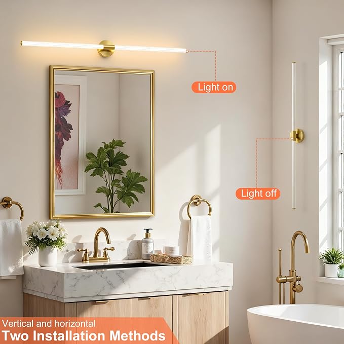 Gold Wall Sconces Set of 2 Hardwired LED Vanity Light 47" | Dimmable 5CCT LED Bathroom Light Fixtures, 360° Full Lighting, Modern Vanity Light Bar for Bathroom Mirror, Flicker-Free