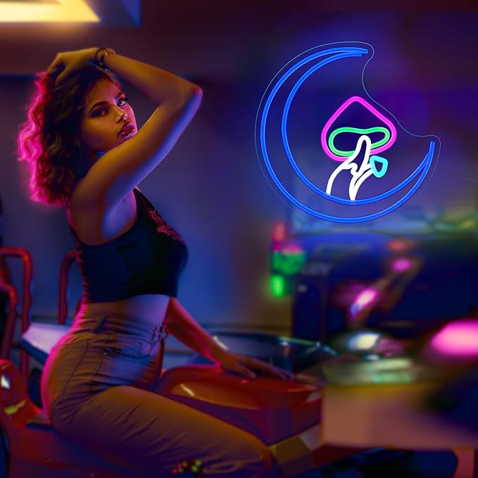 Mushroom Moon Neon Sign, JGHTURIE Cute Led Neon Signs for Wall Decor Blue Light Up Sign for Room, Living Room, Home, Bar Signs, Party, USB Powered