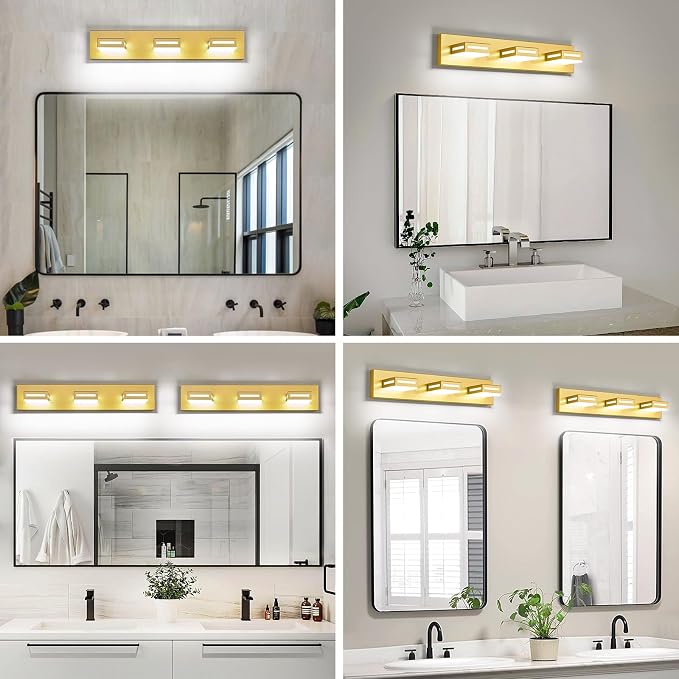 LED Modern Bathroom Light Fixtures, 3-Light 24-Inch Gold Vanity Lights for Bathroom Lighting Fixtures Over Mirror, 6000K Cool White 350° Rotatable Wall Lamp