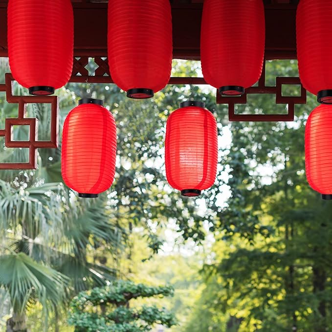 24 Pcs Traditional Japanese Style Red Silk Hanging Lantern Set Including Paper Lanterns Japanese Decorations and Lights for Chinese New Year Luna Festival Party Decoration DIY Crafts