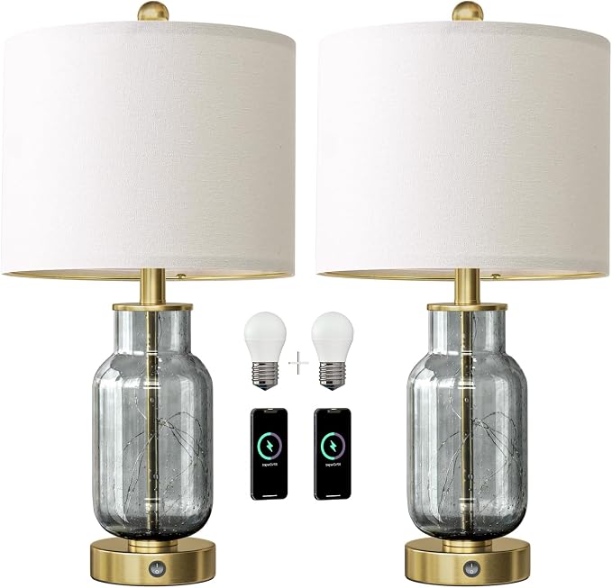 22" Glass Table Lamps Set of 2, Gray Modern Bedside Lamp with LED Night Light for Living Room, Nightstand Lamp with USB Ports for Bedrooms, Study Room, End Table(2 Bulbs Included)