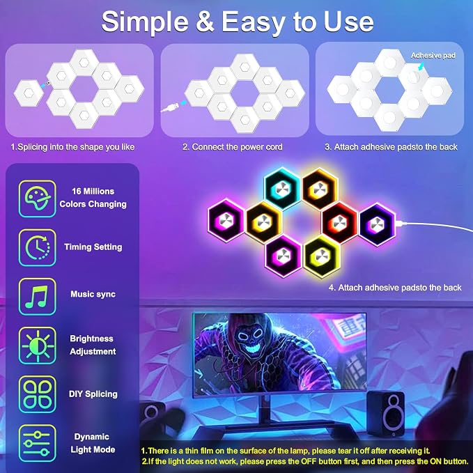 10 Pack Hexagon Lights Wall Panel | Hexagonal Led Lights Room Decor Wall Lights,Smart APP Music Sync Honeycomb Shape Panels Hexagon for Gaming Lights Decor