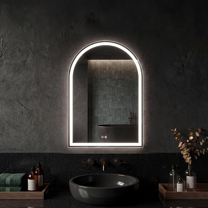 DUMOS 20"x28" LED Bathroom Mirror with Lights, Arched Vanity Mirror | Anti-Fog, Dimmable, 3-Color Light, Memory Function, Front Light and Backlit, Tempered Glass