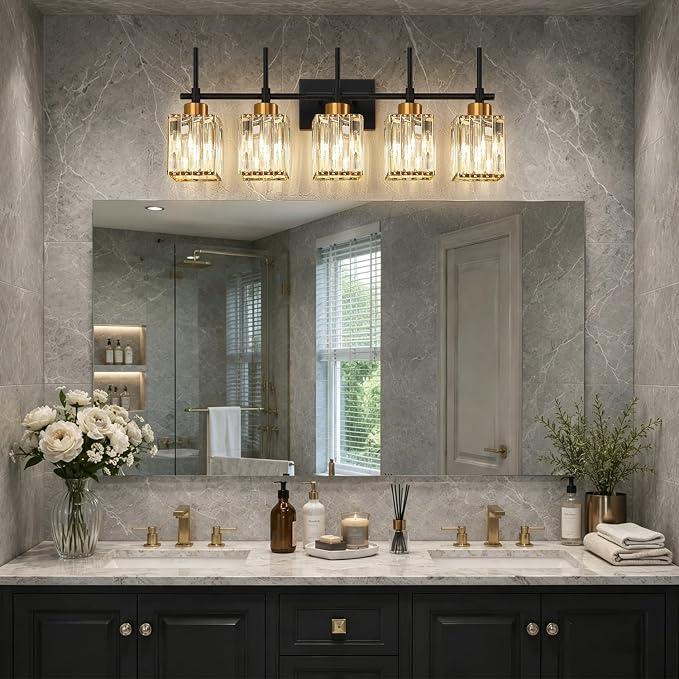 Torondo Modern Crystal Bathroom Vanity Light 5-Lights Gold Bathroom Light Fixtures Over Mirror Black and Gold Vanity Lighting Fixtures Gold Square Shade Brass Wall Sconce (Bulbs Not Include)