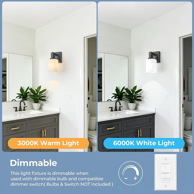 Set of 2 Wall Sconces for Bathroom, Black Bathroom Vanity Light,Modern Wall Sconces Indoor with Square Frosted Glass,Farmhouse Wall Lamp for Bedroom Living Room Mirror Hallway