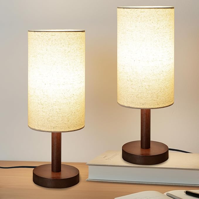 Small Table Lamp Nightstand Lamp Linen Lampshade Bedroom Wood Base Small Bedside Lamp for Night Stands, Desk Lamps for Reading Living Room, Office (LED Bulb Included) (Black-Walnut Wood(2))