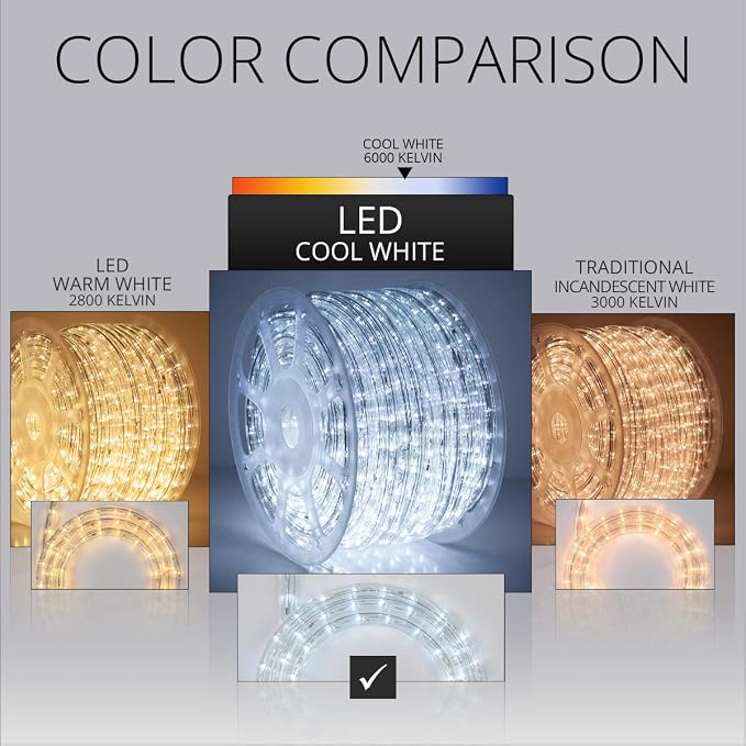 Wintergreen Lighting 150ft 1800 LED Heavy Duty Rope Light Spool, 120V ETL Indoor Rope Lights Plugin Outdoor Tube Lights ½ Inch, Accessories and Mounting Clips Included, Cool White