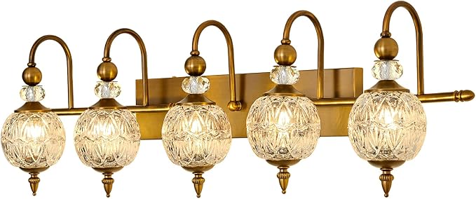 Piepooye Vintage Bathroom Lights Fixtures Gold Vanity Light with Glass Globe LampShade 5 Light Brushed Brass G9 Bulb Wall Sconce Antique Indoor Vanity Light Over Mirror for Kitchen Bedroom Living Room