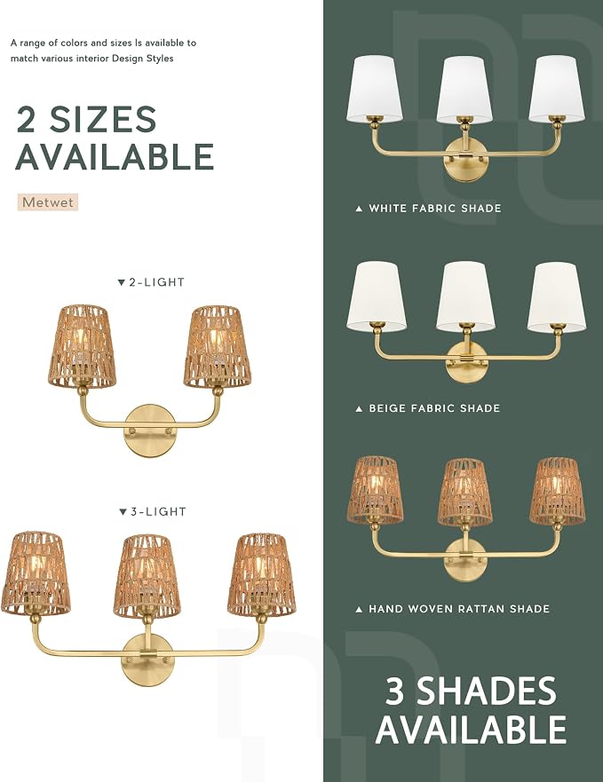 2-Light Brushed Gold Bathroom Vanity Light, Handwoven Rattan Shades | Ideal for 20-28" mirrors, 17" double wall sconce, upward only, E26 base, hardwired, bulbs not included, VL837-BG-RA-2-S