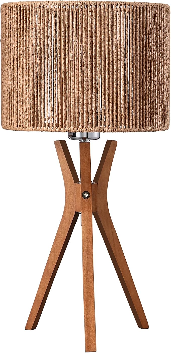 EDISHINE 17.5" Rattan Table Lamp, Handmade Paper Rope Woven Lampshade, E26 | Wood Bedside Lamp, ON-Off Switch, Triangular Wood Base, Modern Nightstand Lamp for Living Room, Bedroom, Office