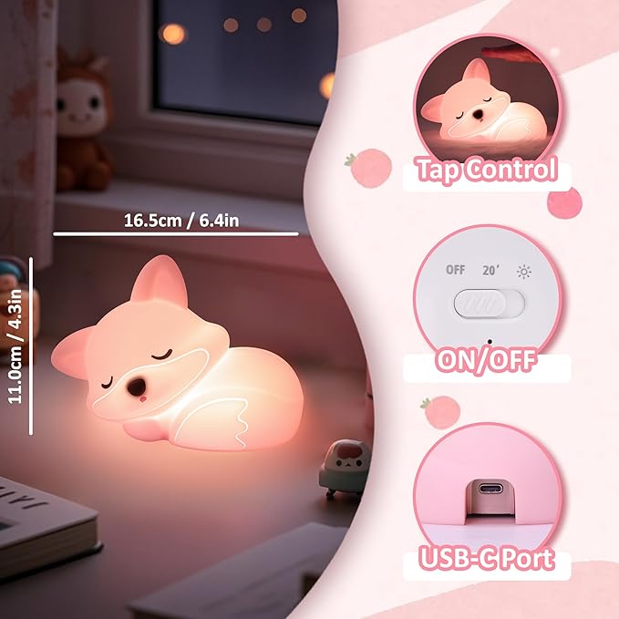 Fox Night Light, Cute Fox Silicone Night Light Gifts for Girls 8-12, Fox Lamp for Kids Child Baby Women Nursery, Animal Light with Touch Control, Timer and USB Rechargeable