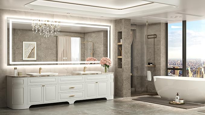 96 x 36 LED Lighted Bathroom Mirror with Lights Wall Mounted, Brighter Front and Backlit Led Vanity Mirror, 3-Color Dimmable Light up Anti Fog Mirror, Waterproof, Shatterproof Tempered Glass