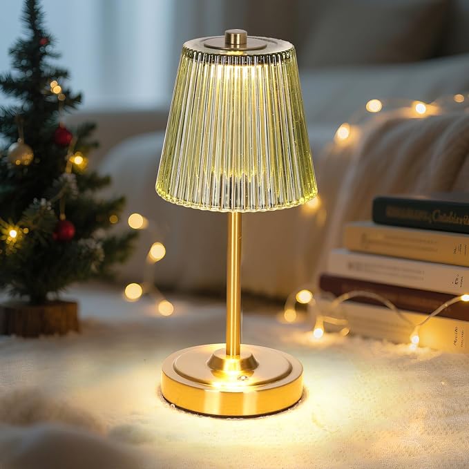 Shenmoyl Cordless Touch Table Lamp with 5200mAh Battery - 3 Adjustable Color Temperatures & Dimmable, Rechargeable Desk Lamp for Bedroom, Living Room, Office, Entryway, Bookshelves (Green Stripe)