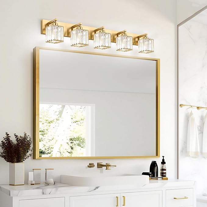 Gold Crystal Bathroom Vanity Light, 5-Light Modern Bathroom Lighting Fixtures Over Mirror,Chrome Wall Sconce Light Fixtures with Square Shade