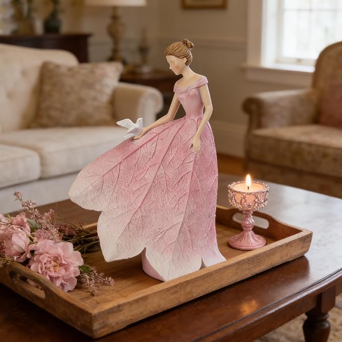 Guichifun Pink Leaf Angel Girls Fairy Statue, 8.5 x 5.25 x 12 Inch | Resin, Home Garden Decor, For Outside or Inside, Rustic Fairy Garden Figurines, Gifts for Women
