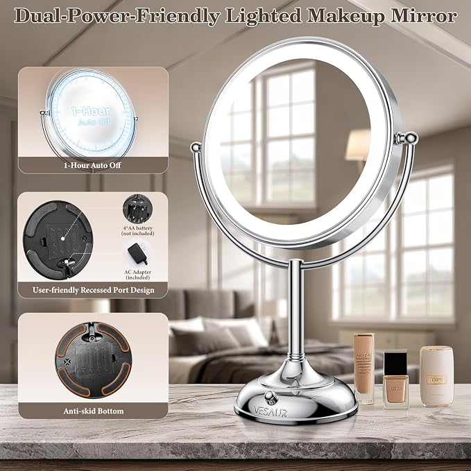 11.8" Extra Large 17" Tall Lighted Makeup Mirror, 1X/5X/10X 3-Sided Magnifying Mirror with 96 LEDs, 3 Color Dimmable Lights, 360° Swivel Dual Power Vanity Mirror, Silver Nickel Luxury Gift Box