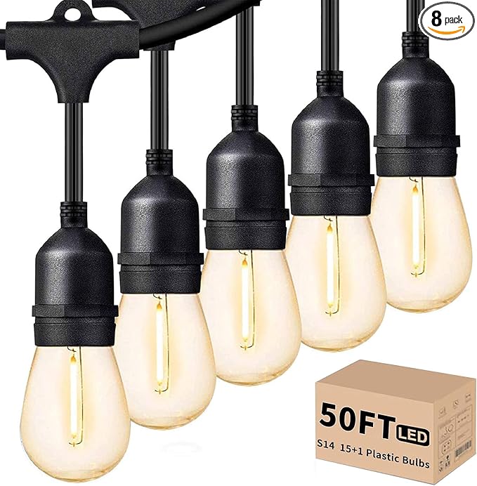 Svater Outdoor Led String Lights 50FT,Patio Lights with 16pcs S14 Shatterproof Bulbs,1 Watt E26 Dimmable 2700K Warm White,IP65 Waterproof,Commercial Grade Light,(Pack of 8)
