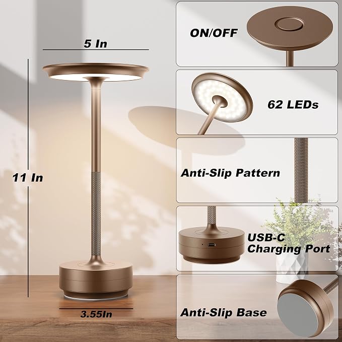 TBBGA 2 Pack Rechargeable Table Lamps Cordless, 5000mAh Outdoor Table Light | 3 Color Stepless Dimming Portable LED Table Lamp with Memory Function, for Home/Dinner/Patio/Restaurant.(Brown)