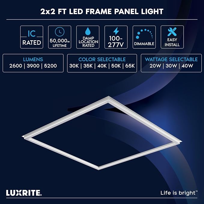 LUXRITE 2x2 FT Edge-Lit Frame LED Panel Lights, 5CCT Selectable 3000K-6500K, 2600/3900/5200LM, 20W/30W/40W Switch, Grid Drop Ceiling Lights, 0-10V Dimmable, Damp Rated, 100-277V, ETL Listed