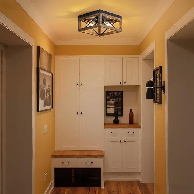 Mayful Black Farmhouse Flush Mount Ceiling Light Fixturet,2-Light Rustic Hallway Light Fixtures with Metal and Wood Design, Industrial Close to Ceiling Light Fixtures for Kitchen Entryway Foyer