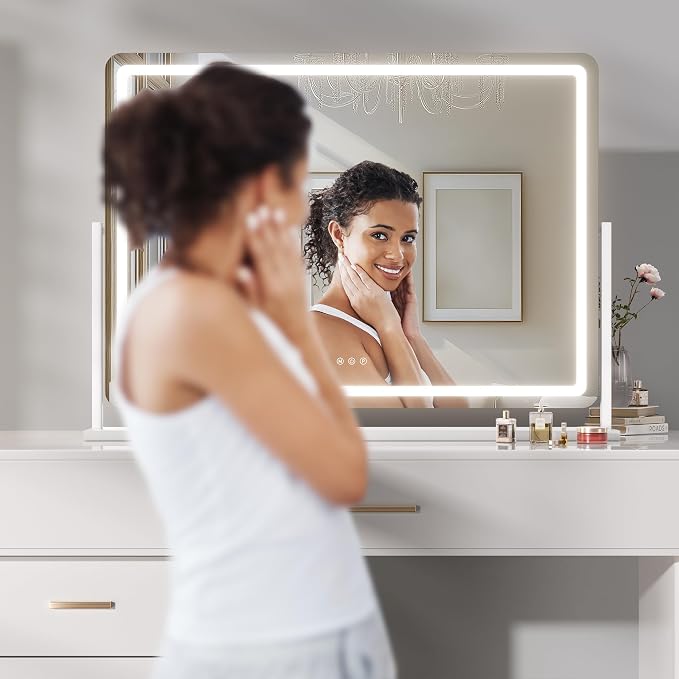 Hasipu Vanity Mirror with Lights, 40" x 29" LED Makeup Mirror, Light up Mirror with 10X Magnification and Phone Holder, USB Charging Port, Smart Touch 3 Colors Dimmable (White)