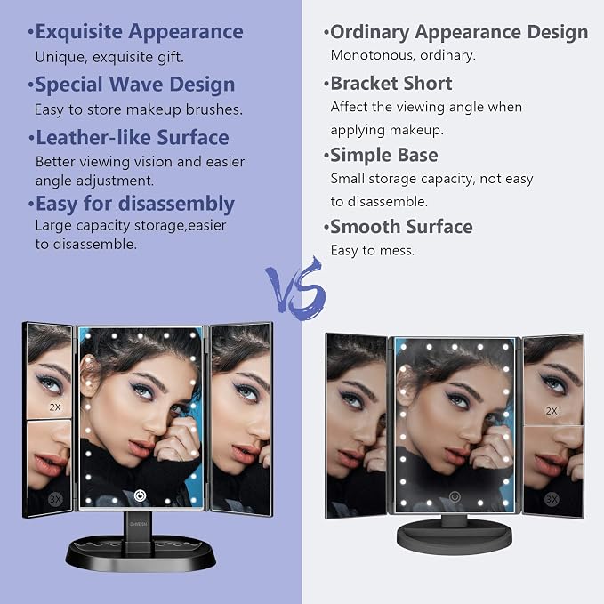 Trifold Lighted Vanity Makeup Mirror with 21 LEDs Lights,1x/2x/3x Magnification and Touch Screen Dimming,Two Power Supplies Makeup Mirror, Gift for Women
