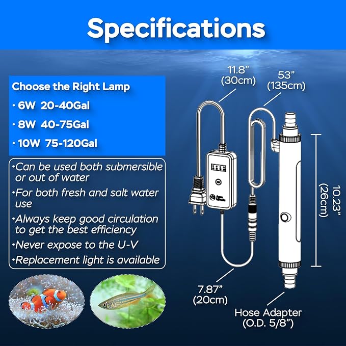 Aquarium U-V Light, Al-gae Clean Light for Fish Tank, Green Water Clean Lamp with Timer, Amphibian Aquarium U-V Lamp for in-Line and in-Tank Use, for 40-75 Gallons Fish Tanks(8W)