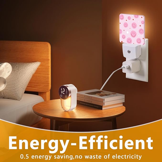 Pink Smiley Face Night Light, Plug-into Nightlight White LED Lamp, Energy Efficient Decor Desk Lamp for Bedroom Hallway Stairs Bathroom