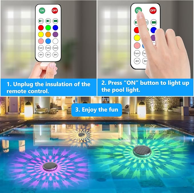 Solar Powered Floating Pool Lights(2 Pack), Pool Lights That Float with Remote Control, 12 Lighting, Timing Mode, IP67 Waterproof for Inground/Above Ground Pool, Pool Party, Bathroom, Bathtub, Garden