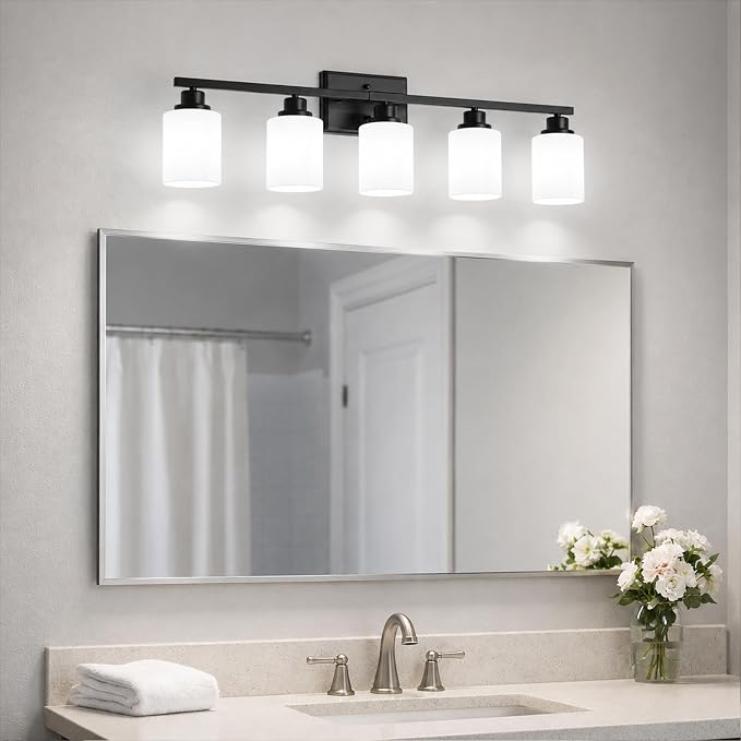 5-Light Bathroom Light Fixtures, Modern Black Vanity Light Over Mirror, Wall Sconces with Milky White Glass Shades for Living Room Bedroom Hallway E26 Base