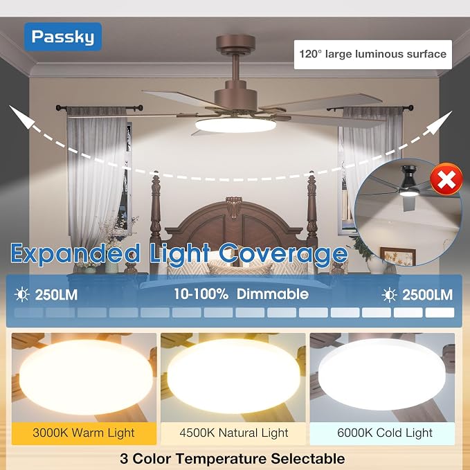 Passky 52 Inch Brown Sleek Ceiling Fans with Lights, Remote Control | 3-color dimmable light, quiet reversible DC motor, easy install, memory, Timer, APP, bedroom, covered outdoor areas