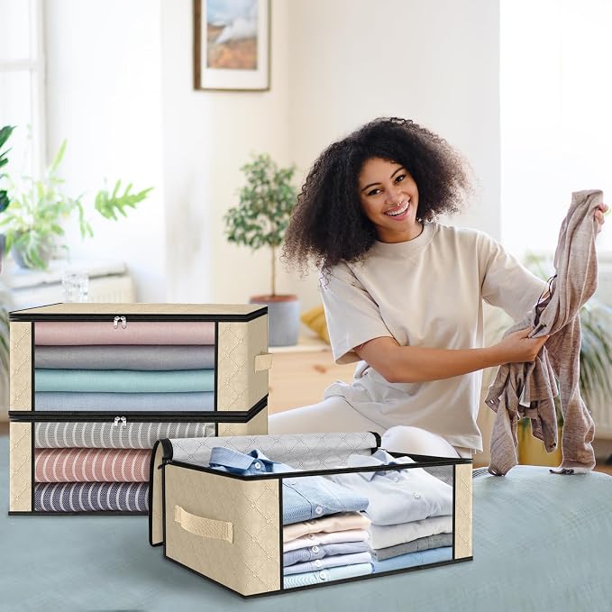 HomeHacks 10-Pack Clothes Organizer Storage Bags, 35L Storage Bins, Beige | Foldable Storage Box Container with Zippers, Clear Window, Reinforced Handles for Closet, Dorm, Pillows, Bedding, Sweater