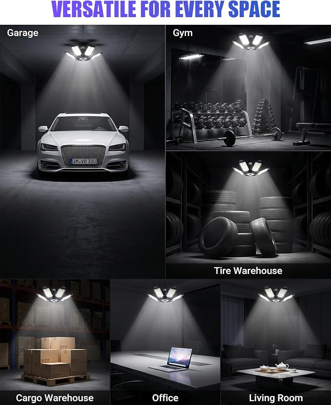 Tudoccy LED Garage Lights 2 Pack, 34000LM 6-Panel Shop Light | 6500K daylight E26/E27 screw-in bulb for workshop, basement, warehouse, attic ceiling fixture