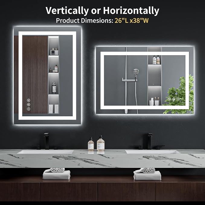26"x38" LED Bathroom Mirror with Lights, Backlit+Frontlit, Anti-Fog | CRI 95, Stepless Dimmable, 3 Colors Lighting, Shatterproof Tempered Glass, HD Reflection, Memory, (Horizontal/Vertical)