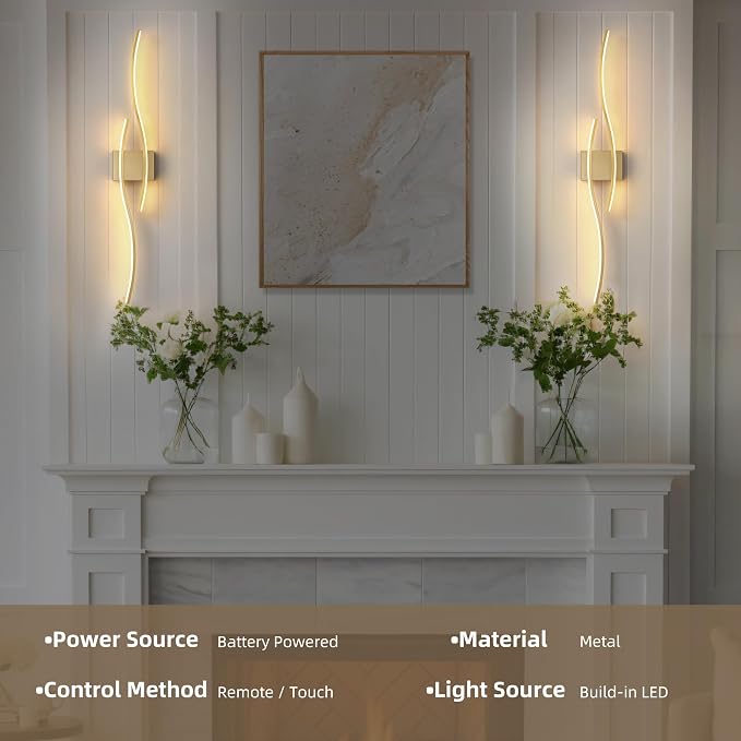 Battery Operated Wall Sconces Set of 2, Dimmable Modern LED Rechargeable Wall Light with Remote Control, Wall Decor for Living Room, Hallway, Quick Install, No Electrician Required 23.6 Inch