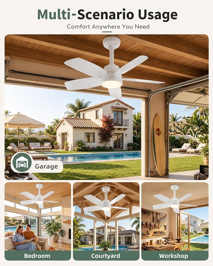 Ceiling Fan with Light, 28'' Flush Mount Low Profile Fan for Bedroom &Patio | Quiet Reversible DC Motor, 6-Speed, 3-Color Temp Dimmable LED Light with Remote & Timer, Indoor Small Ceiling Fan White